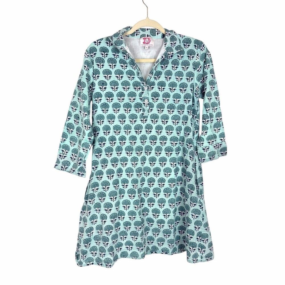 Victoria Dunn Mini Shirt Dress Small Green Floral Block Print 3/4 Sleeve Cotton